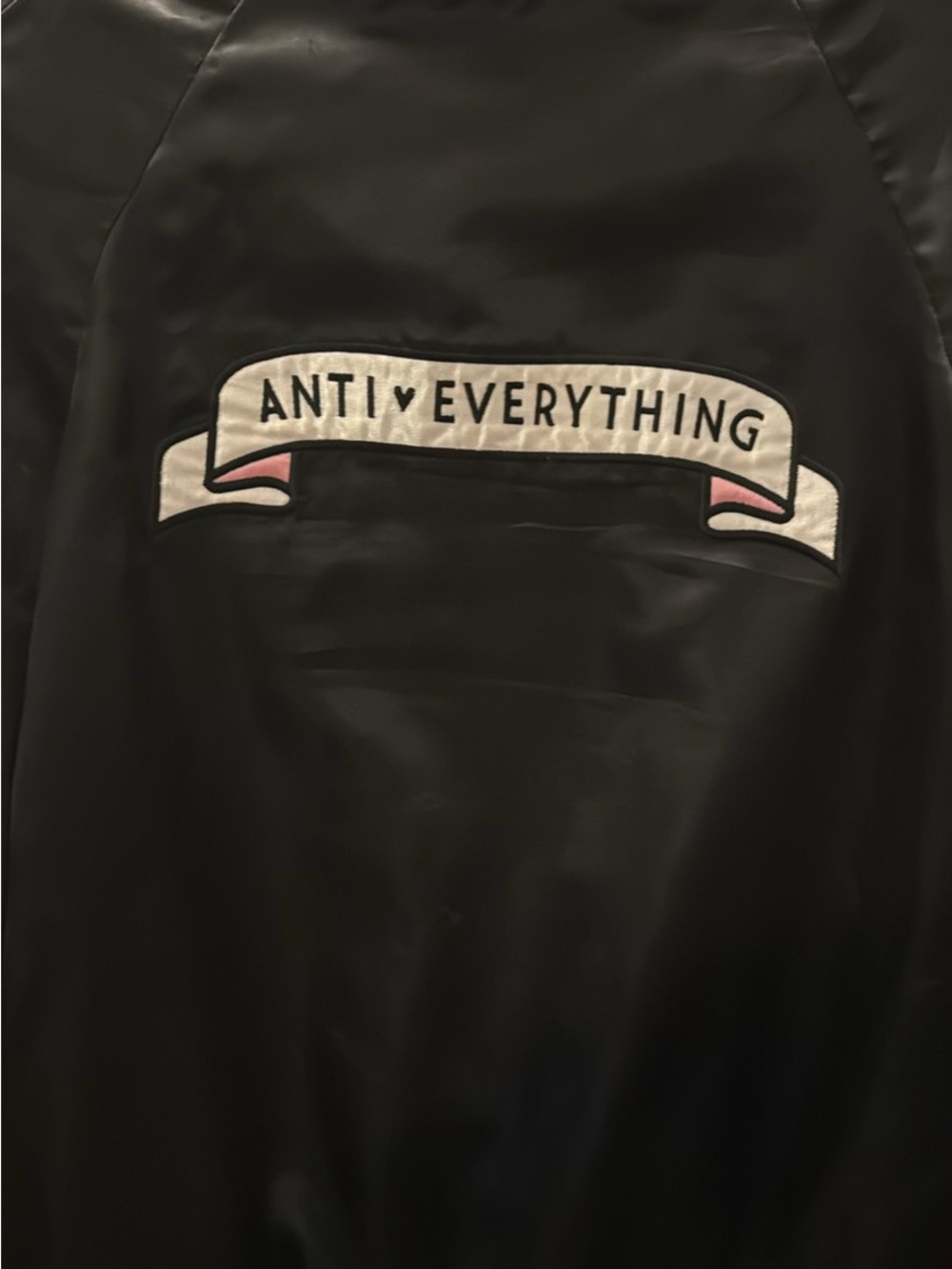 Black Satin Bomber Jacket with White 'ANTI ♥ EVERYTHING' Embroidered Banner